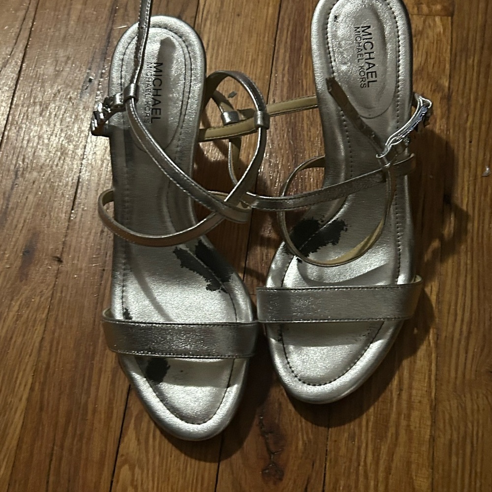 Michael Kors Silver Strappy Sandals with Buckle Closure